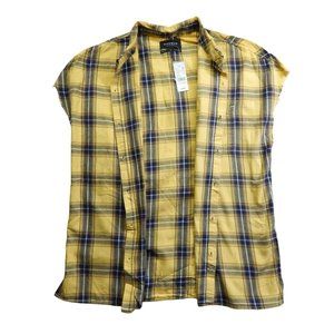 PacSun Womens Cut Off  Button Down Plaid Casual Flannel Shirt Yellow Navy Size L